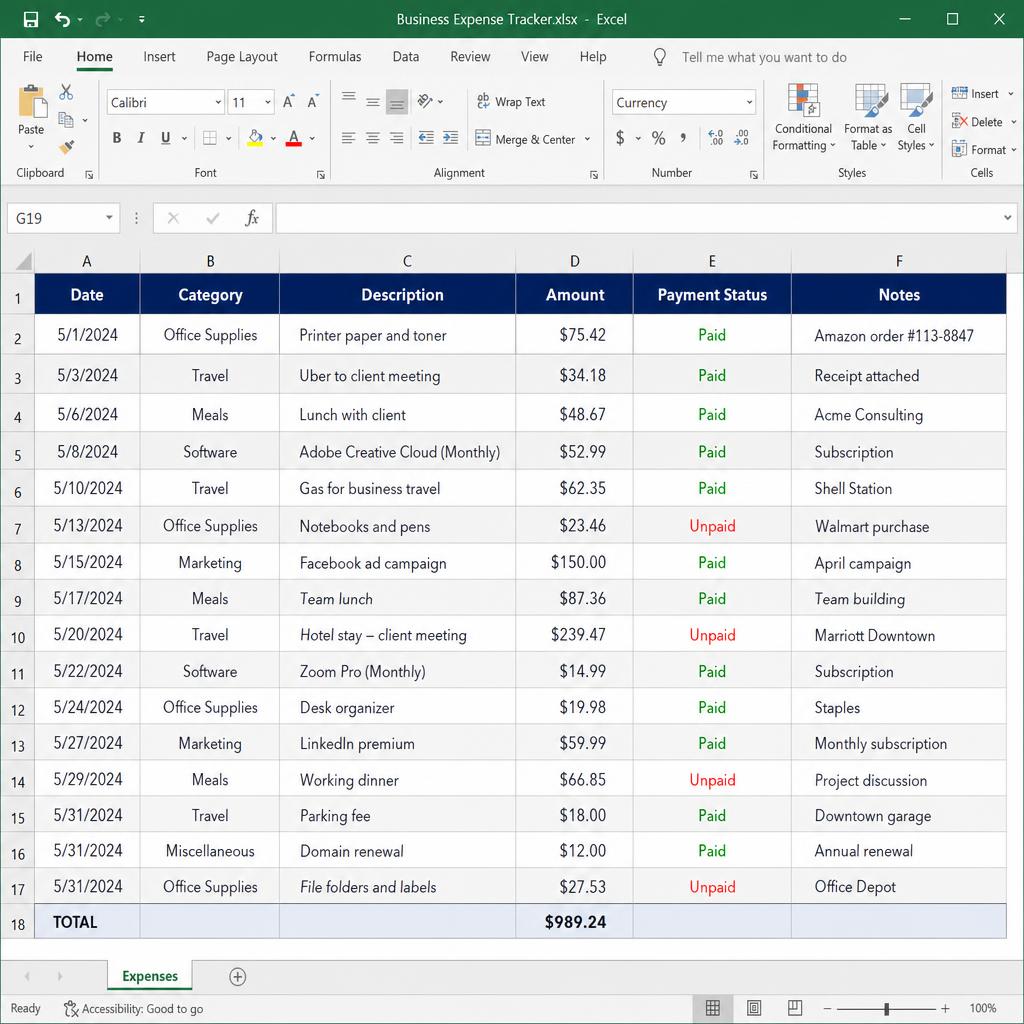 Spreadsheet Organization sample